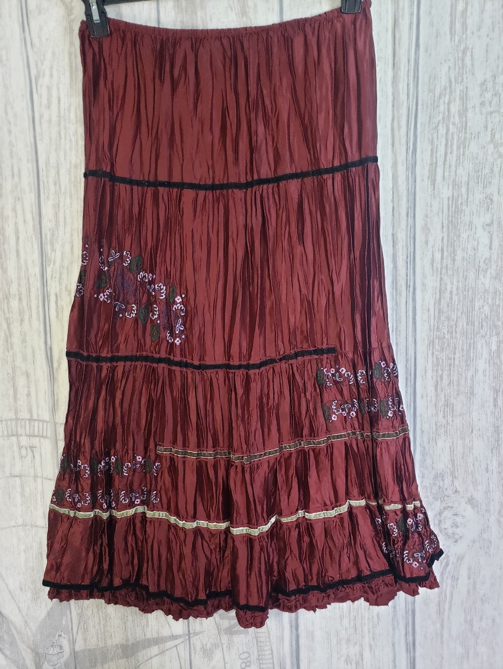 Double D Ranch Silk Broomstick Tiered Embroidered Midi Skirt in Burgundy Small